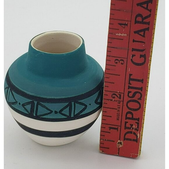 Handmade Pottery Mini Vase 2.5" Teal, Black, & White Design, unsigned - Picture 5 of 5